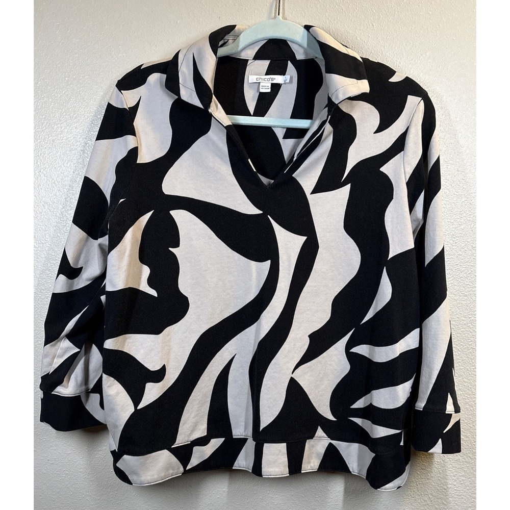 Chico's Women's Black & Cream  Abstract Print Blouse Size 1  3/4 Sleeve Blouse
